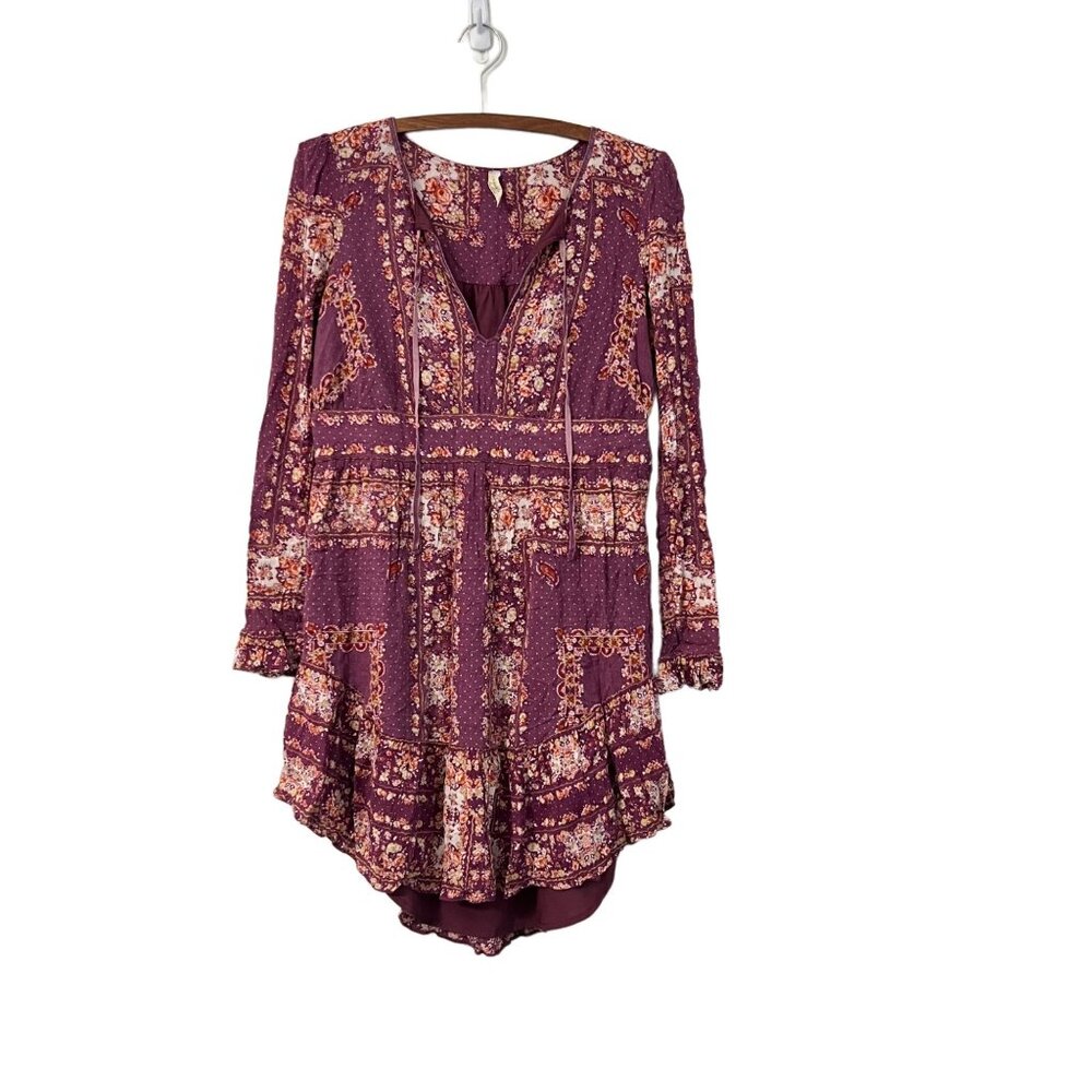Free People Womens Purple Floral Boho Long Sleeve Tunic Dress Size Small